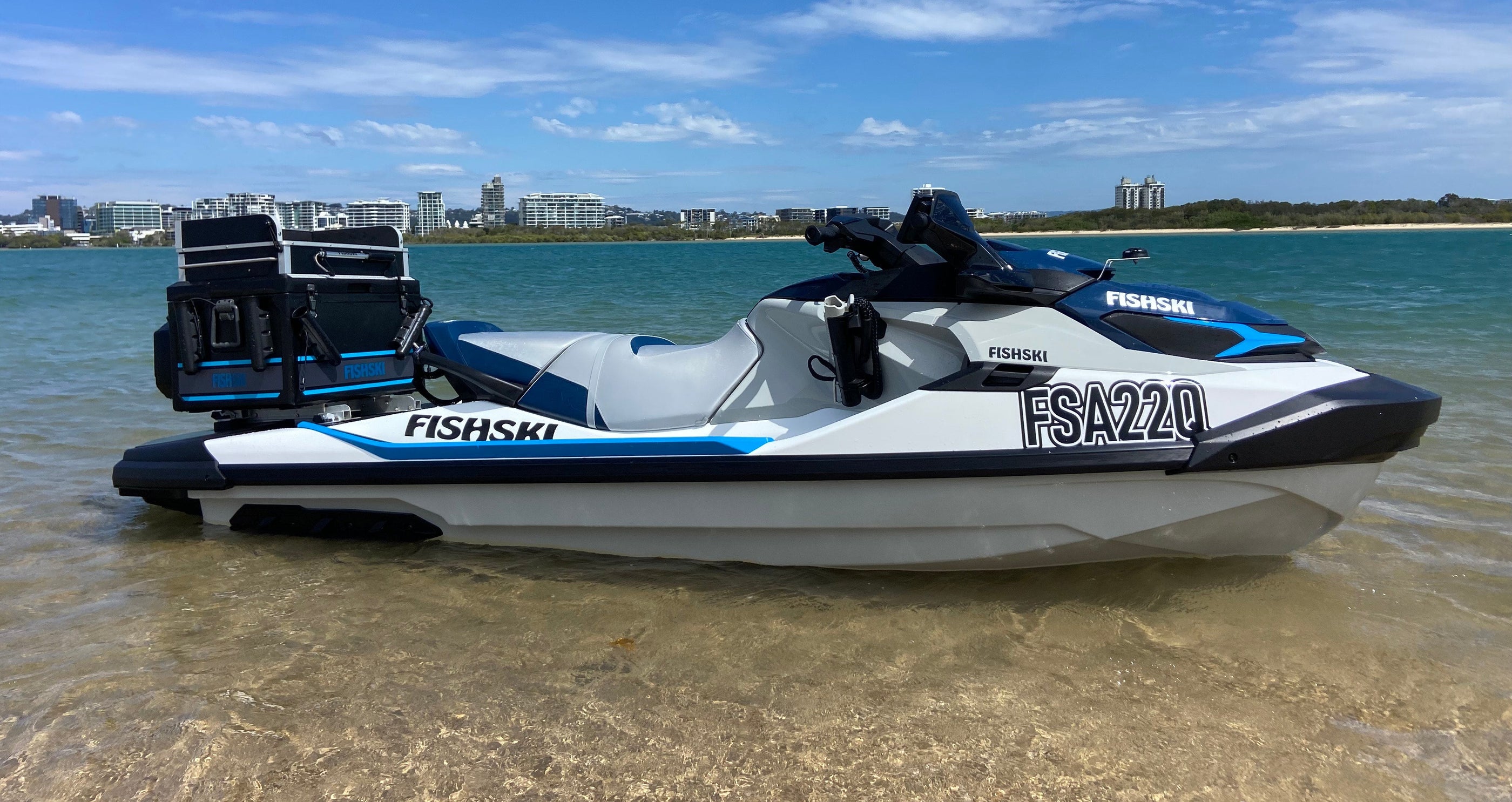 Fishski rigged jet ski fishing station